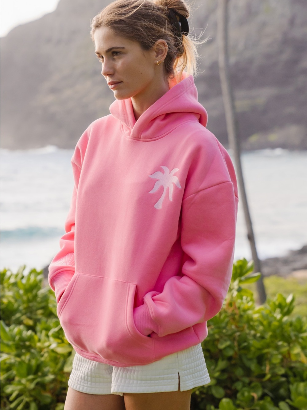Pink Palm Graphic Hoodie with Front Pocket Size Small